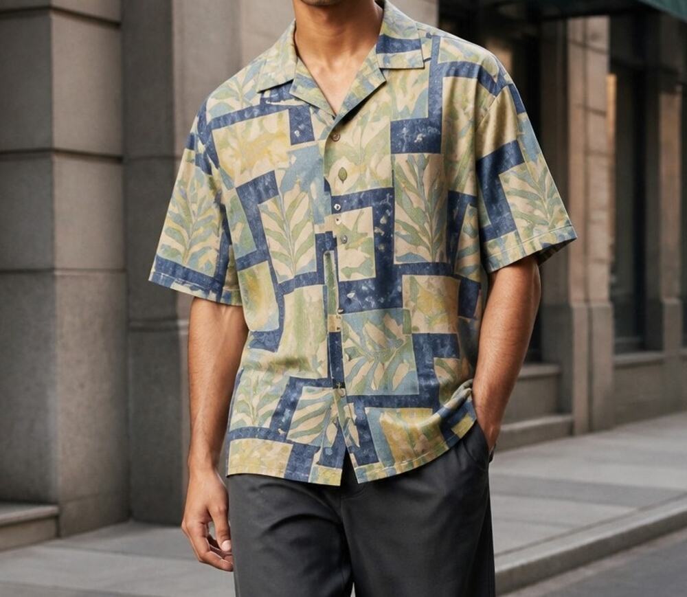 Batik Bay Mens XL Short Sleeve Casual Button Up Shirt Blue Yellow